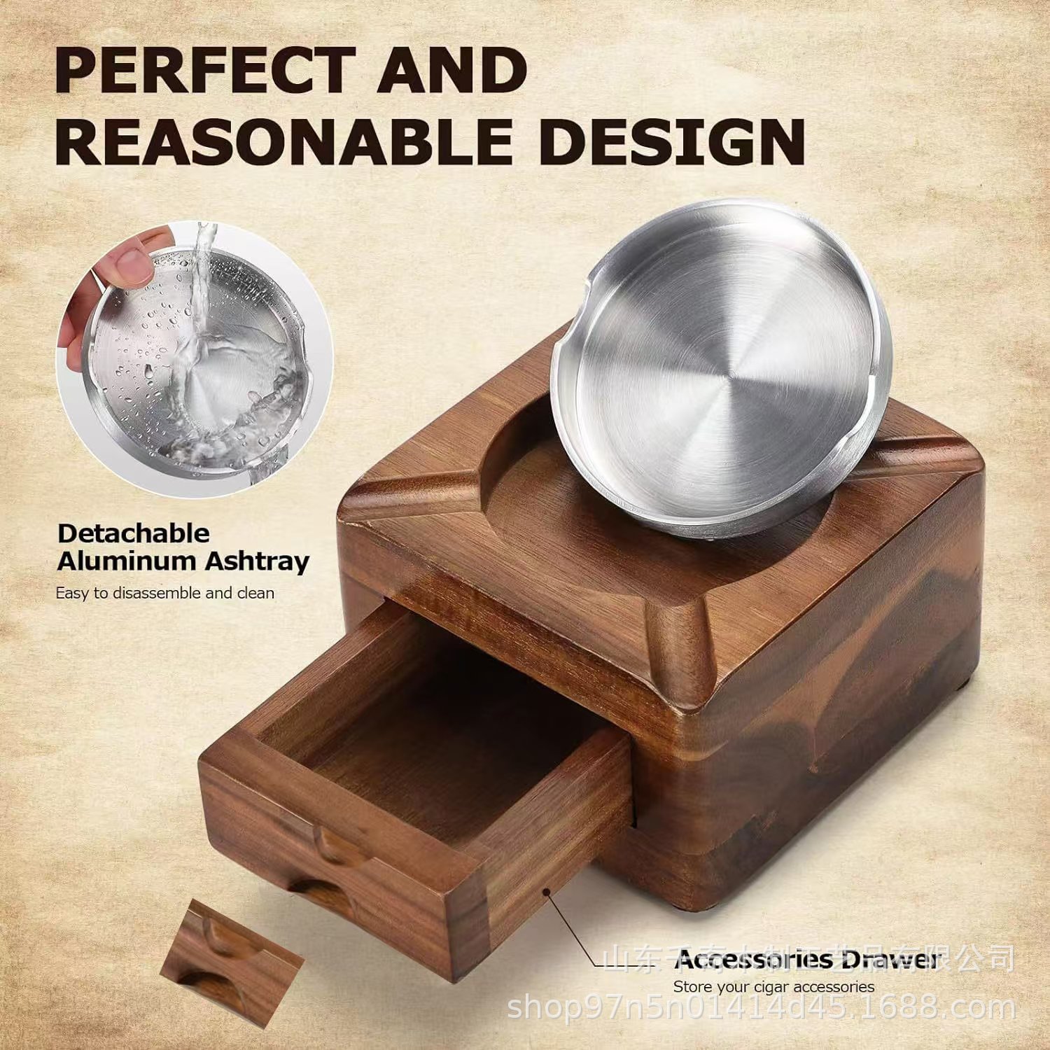 Men Accessories Drawer - Wood Cigar Ashtray with Drawer, Detachable
