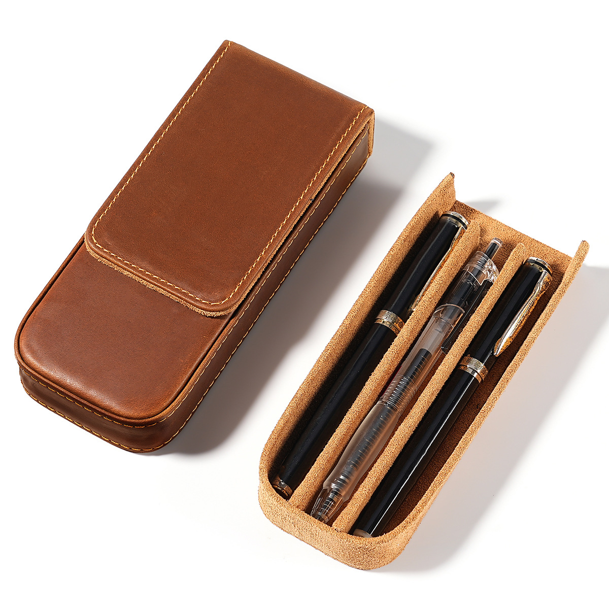3 Slot Geniue Cowhide Pen Penc - Men Accessories Drawer 评论和价格